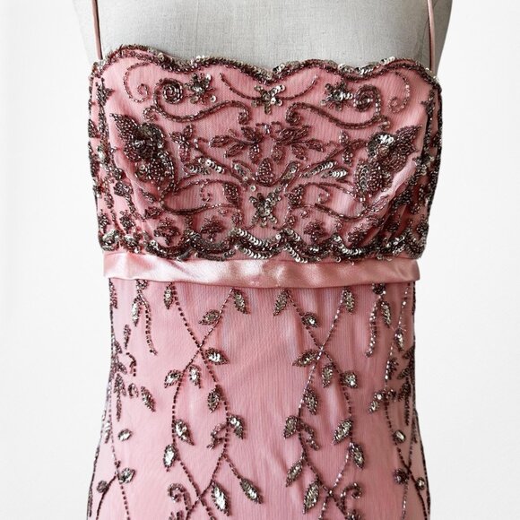 Vintage Pink Knit Bodycon Floral Beaded Mesh Maxi Prom Dress Size M/L - Picture 7 of 10